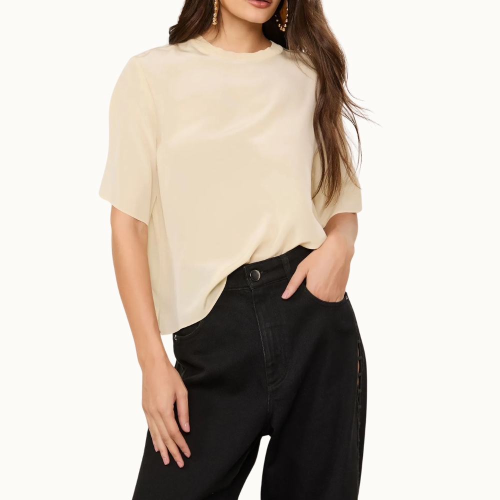 T-Shirt De Seda Bege Pret Gola Rib