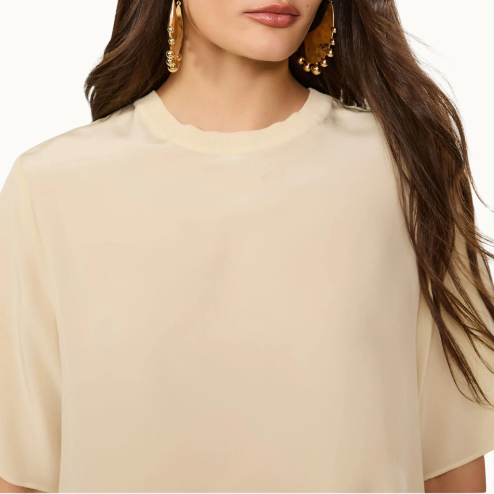T-Shirt De Seda Bege Pret Gola Rib