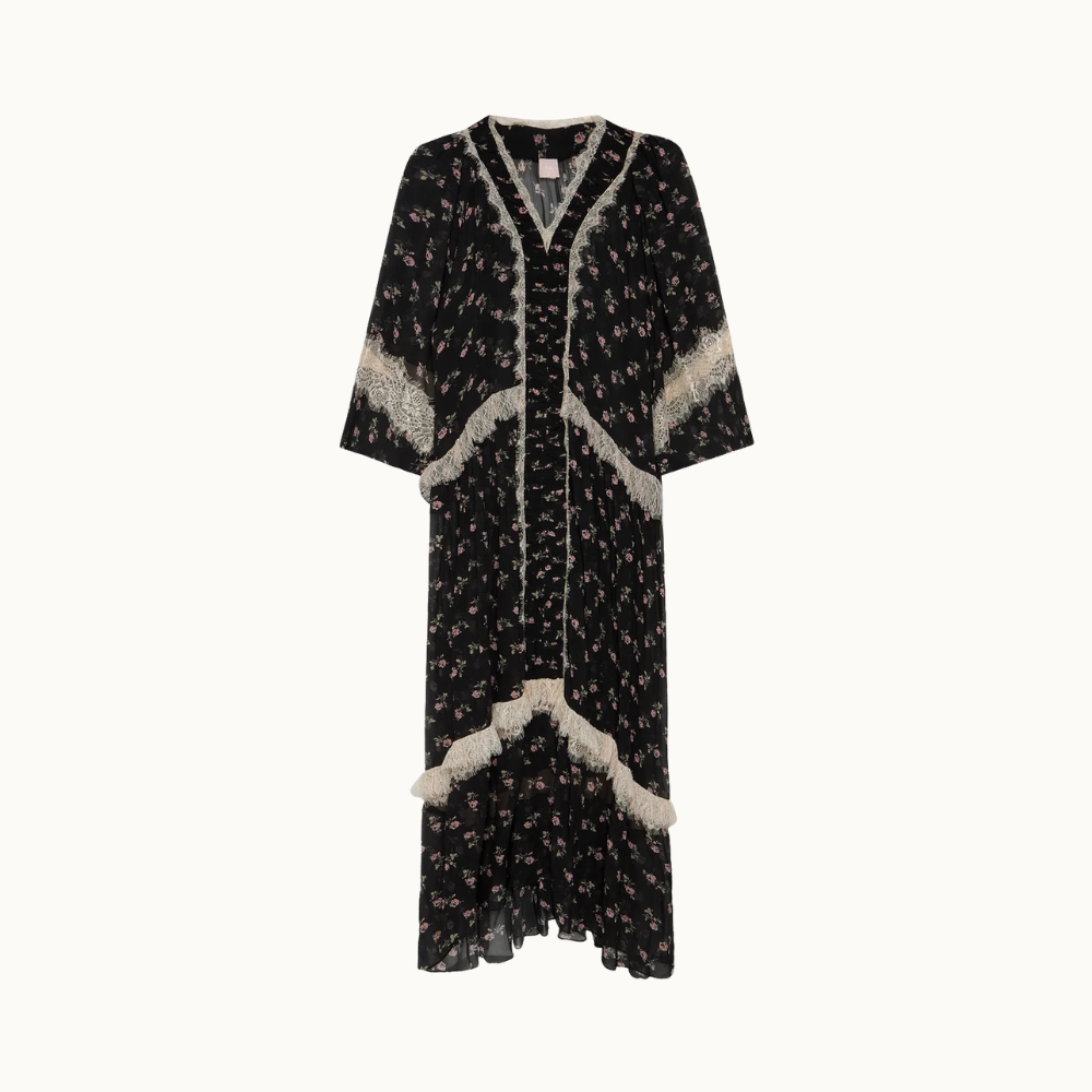 VESTIDO LONGO DECOTE V MANGA LONGA CHIFFON FLORAL