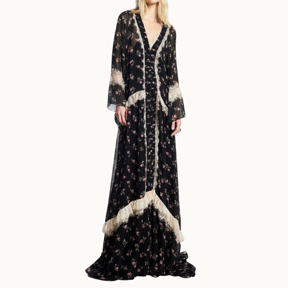 VESTIDO LONGO DECOTE V MANGA LONGA CHIFFON FLORAL