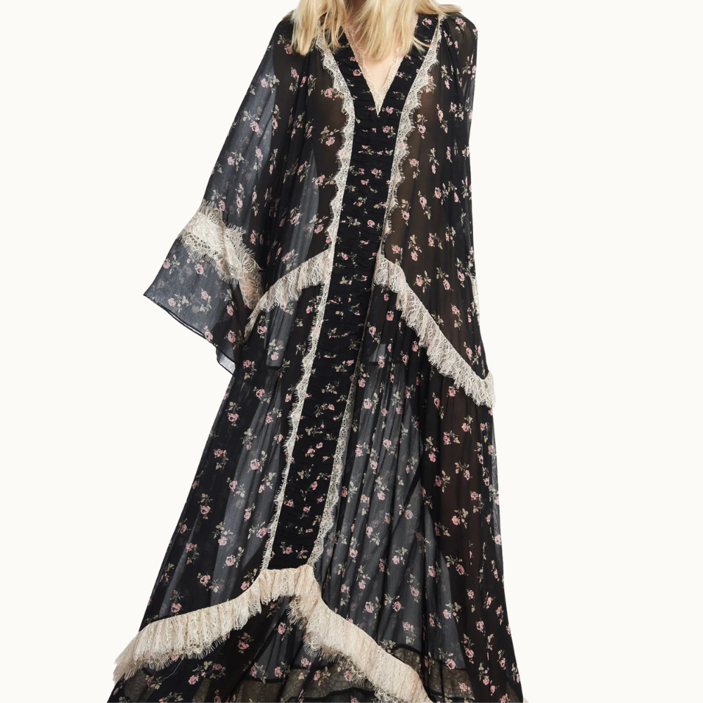 VESTIDO LONGO DECOTE V MANGA LONGA CHIFFON FLORAL