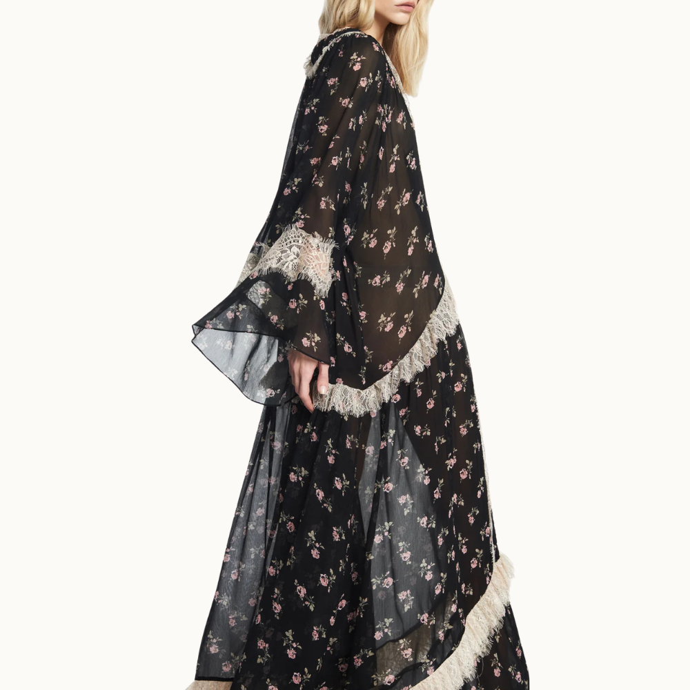 VESTIDO LONGO DECOTE V MANGA LONGA CHIFFON FLORAL