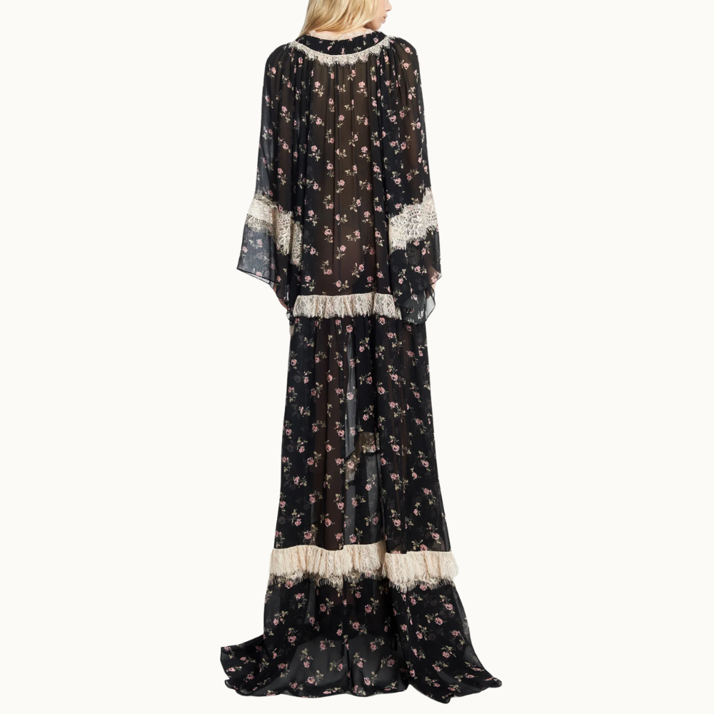 VESTIDO LONGO DECOTE V MANGA LONGA CHIFFON FLORAL
