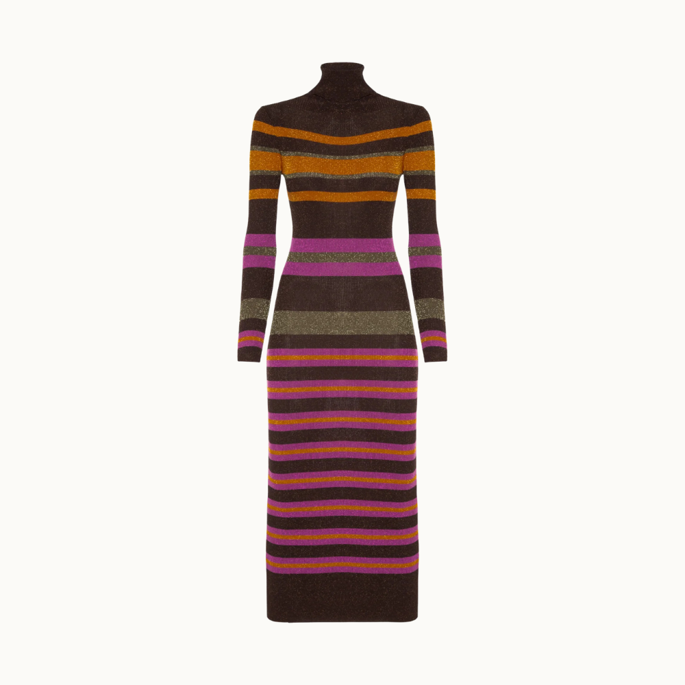 Vestido De Tricot Midi Colorido Listrado Com Lurex Gola Alta