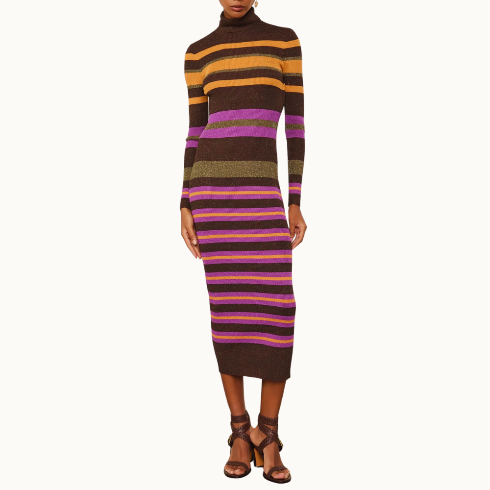 Vestido De Tricot Midi Colorido Listrado Com Lurex Gola Alta