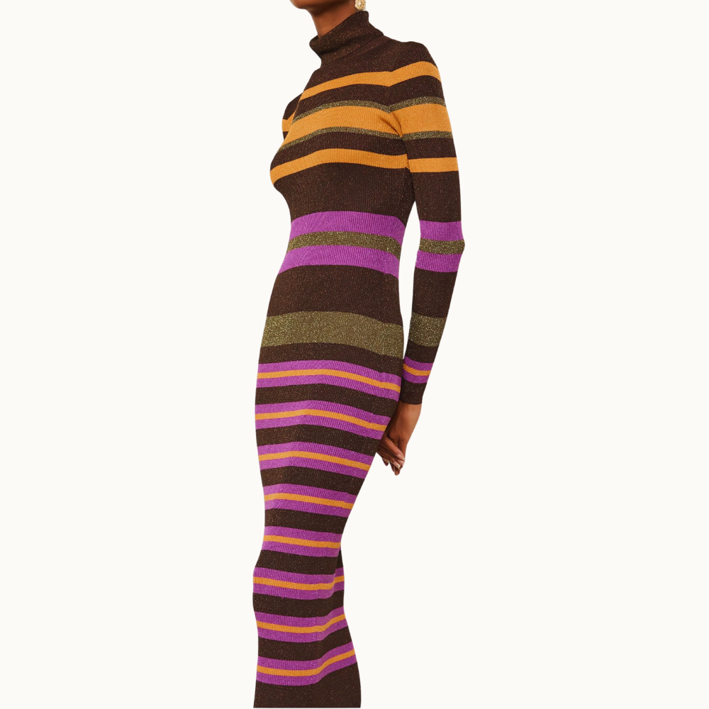 Vestido De Tricot Midi Colorido Listrado Com Lurex Gola Alta