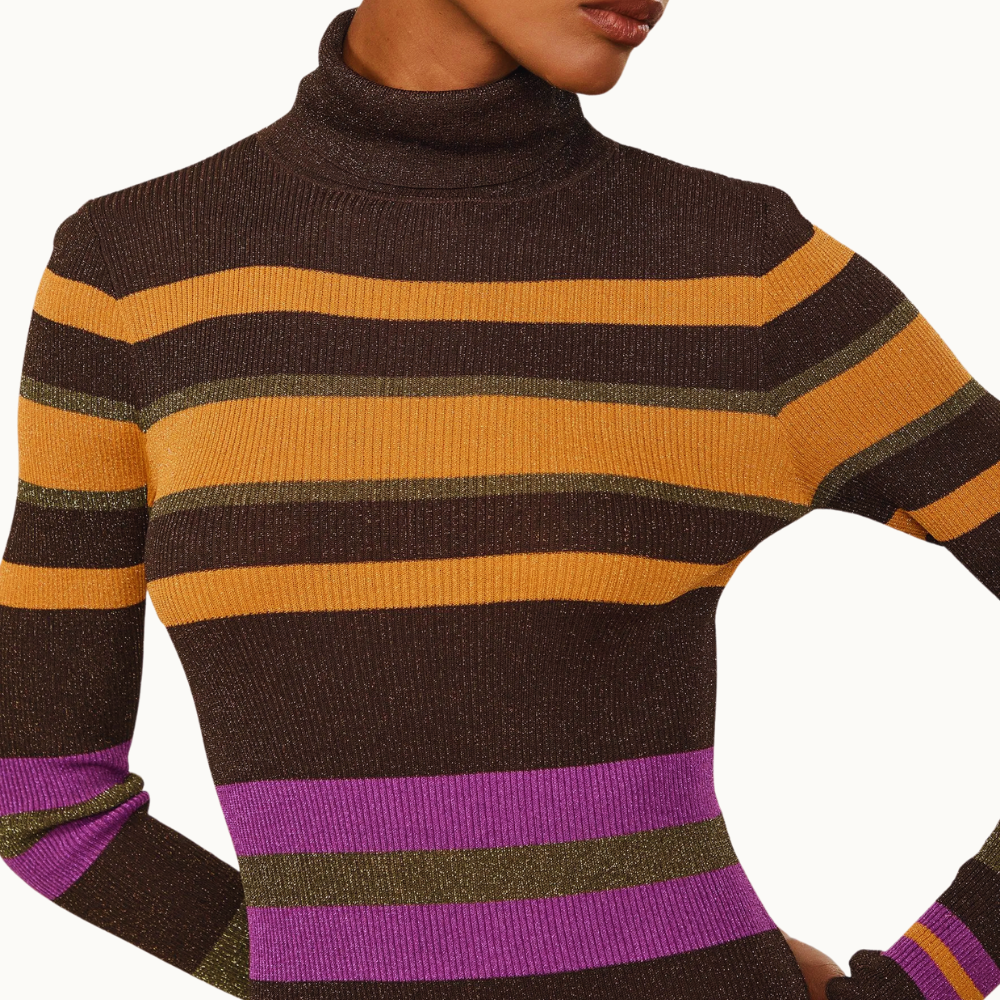 Vestido De Tricot Midi Colorido Listrado Com Lurex Gola Alta