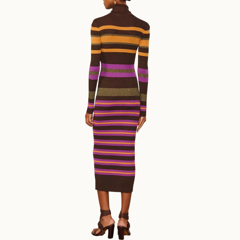 Vestido De Tricot Midi Colorido Listrado Com Lurex Gola Alta