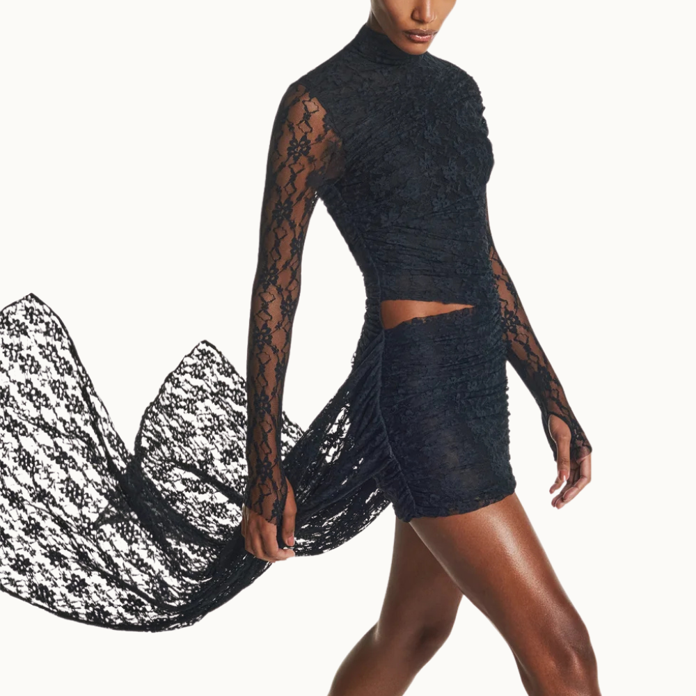 VESTIDO CURTO GOLA ALTA MANGA LONGA TRANSPASSE