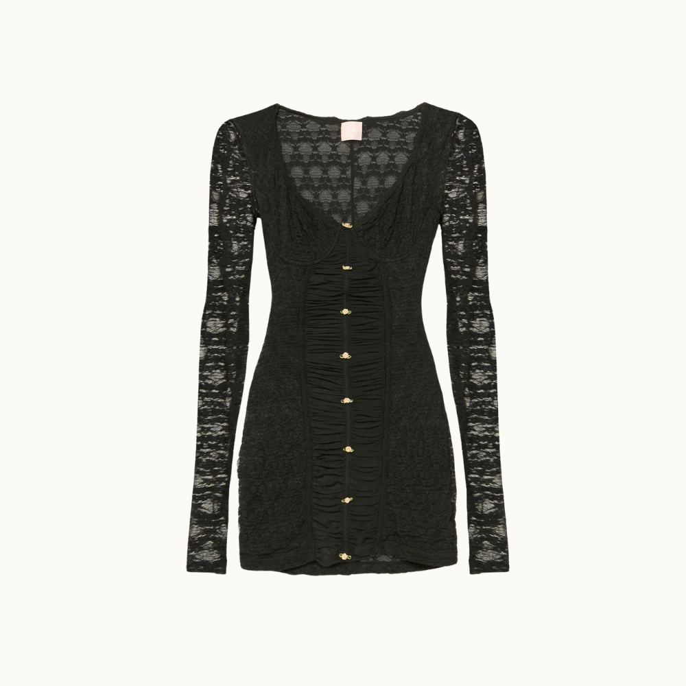 VESTIDO CURTO MANGA LONGA RENDA FLORZINHA E TULE
