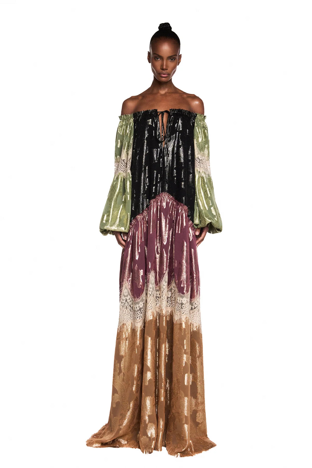 VESTIDO LONGO AMPLO MANGA LONGA PATCHWORK JACQUARD LUREX RENDA