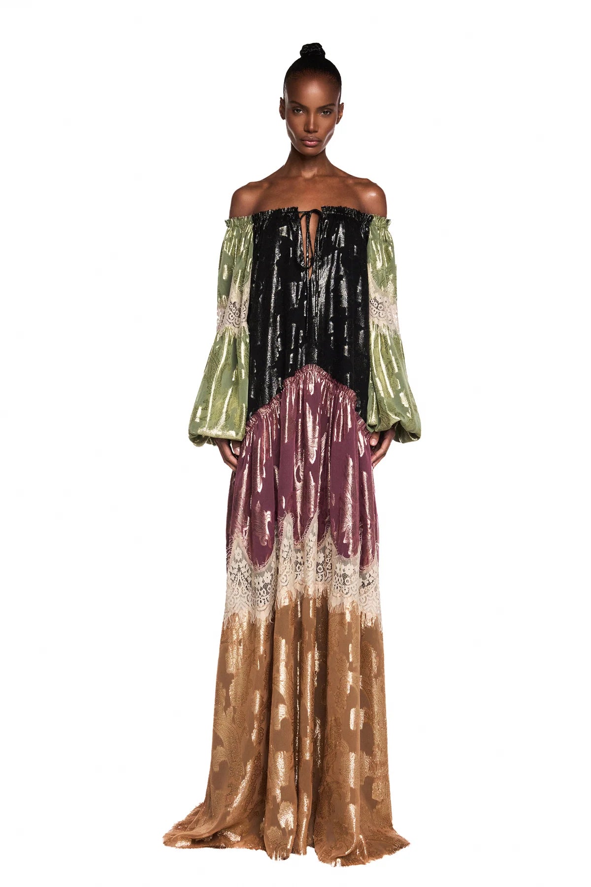 VESTIDO LONGO AMPLO MANGA LONGA PATCHWORK JACQUARD LUREX RENDA