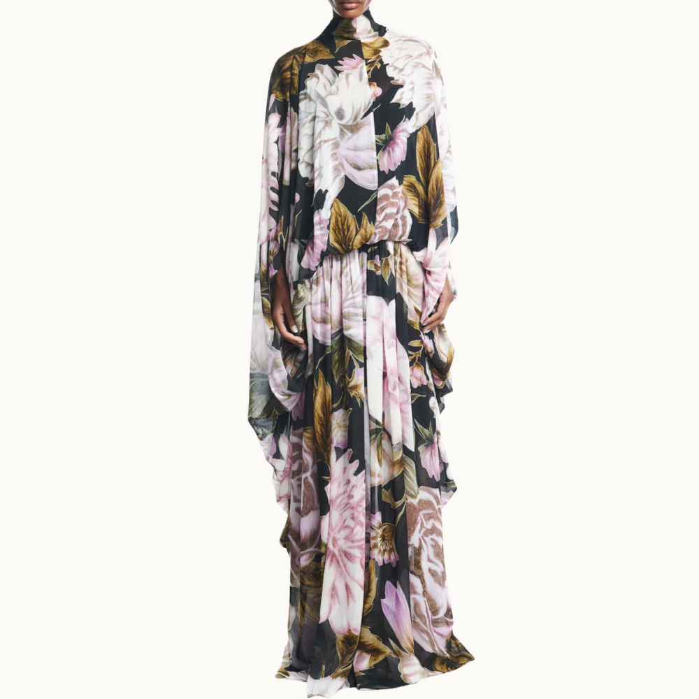 VESTIDO LONGO AMPLO CAPA GEORGETE FLORAL
