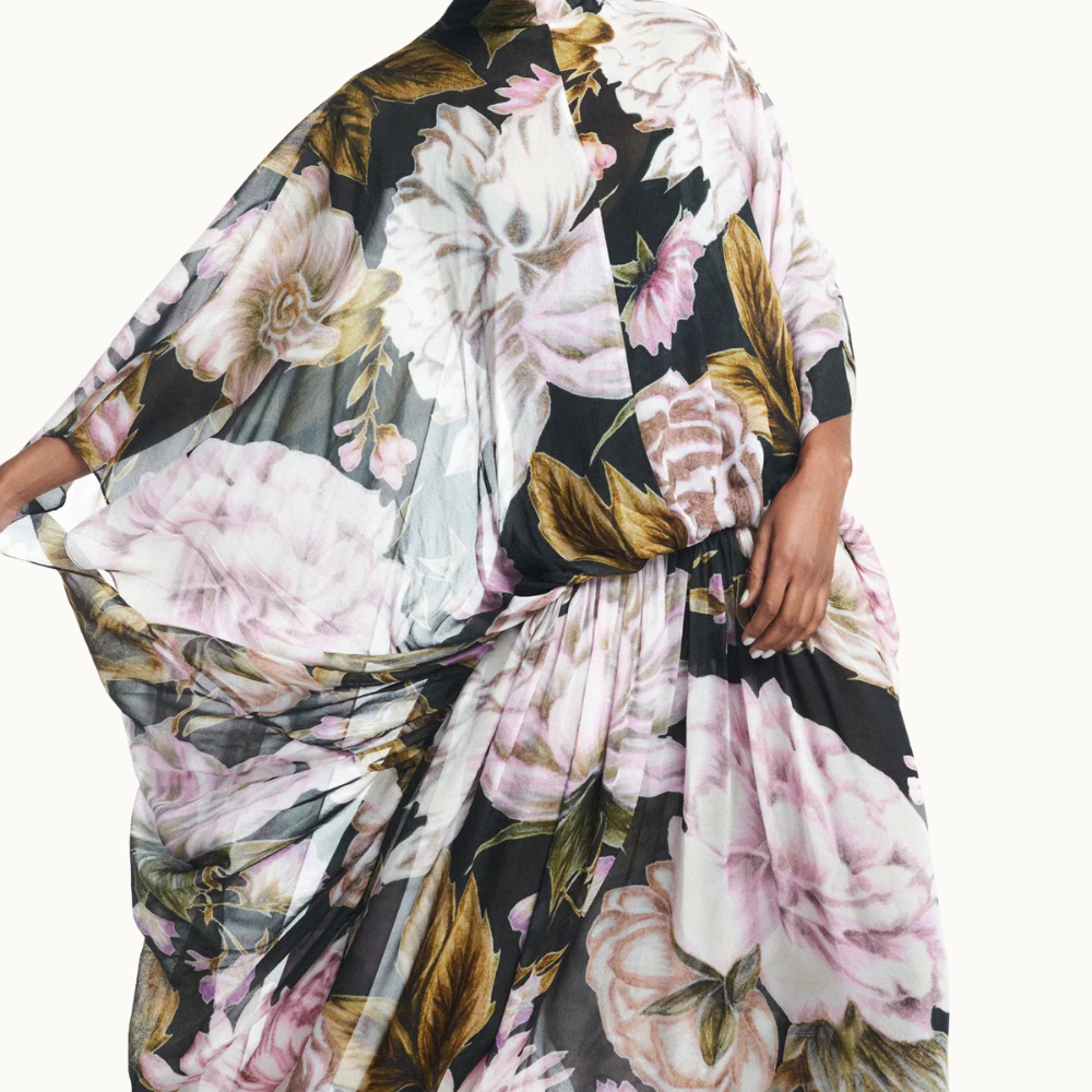VESTIDO LONGO AMPLO CAPA GEORGETE FLORAL