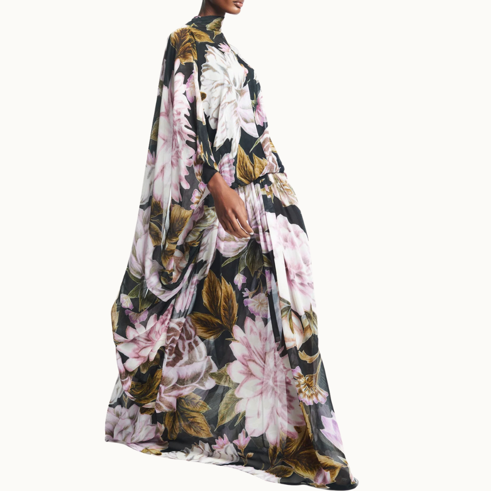 VESTIDO LONGO AMPLO CAPA GEORGETE FLORAL