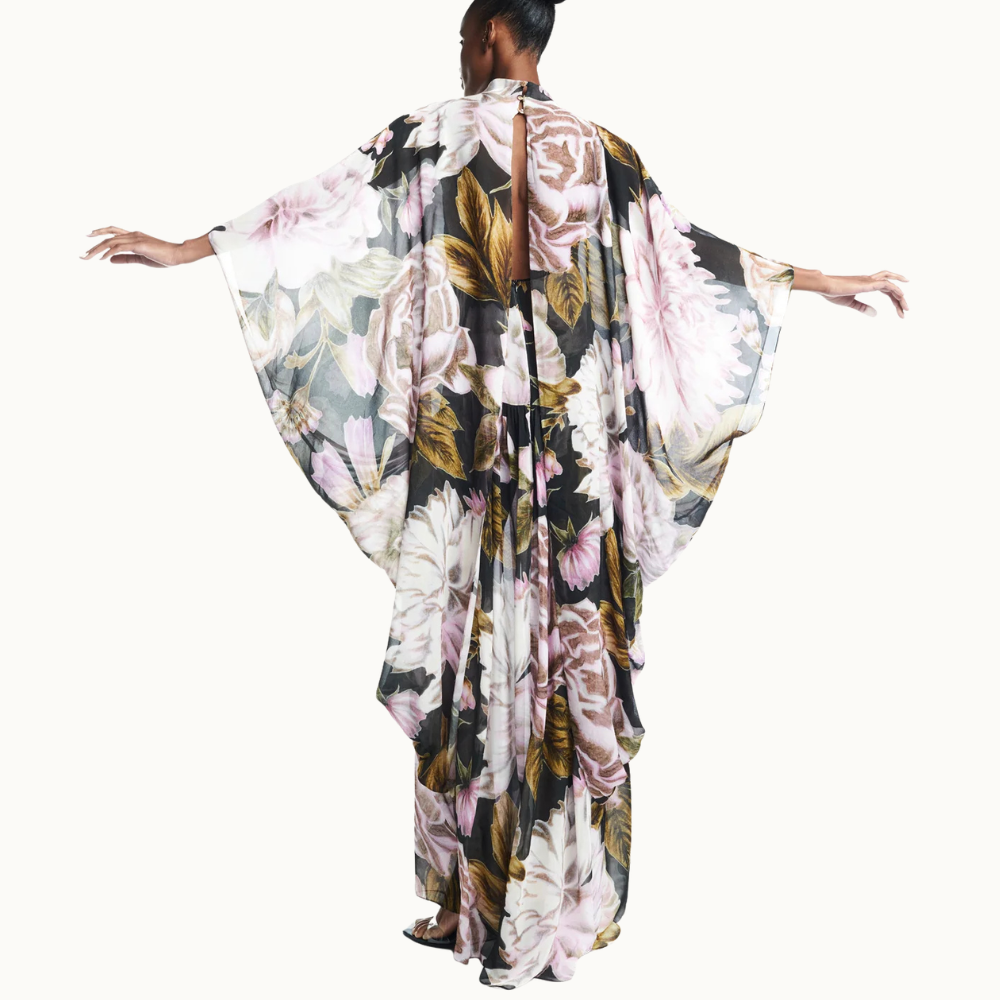 VESTIDO LONGO AMPLO CAPA GEORGETE FLORAL