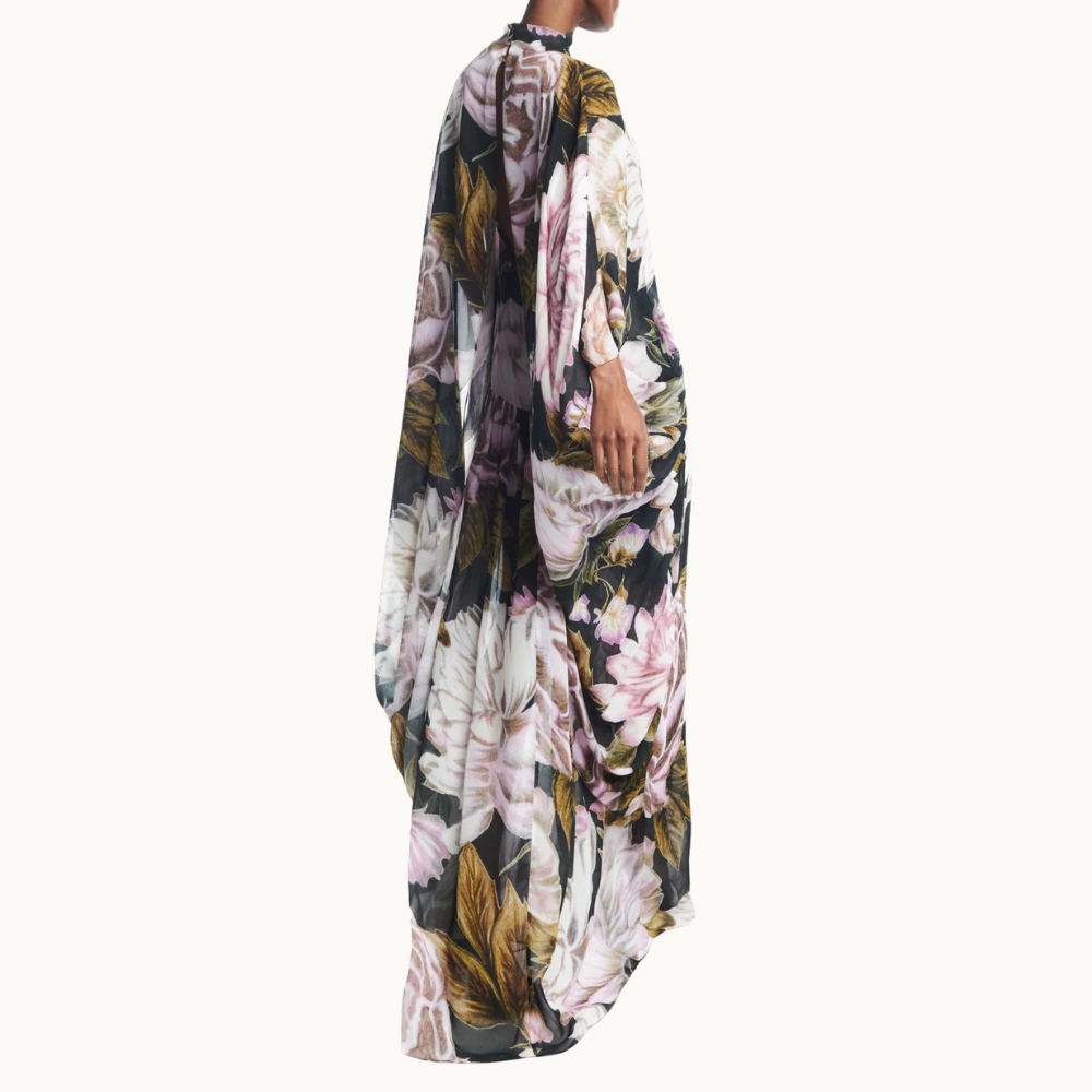 VESTIDO LONGO AMPLO CAPA GEORGETE FLORAL