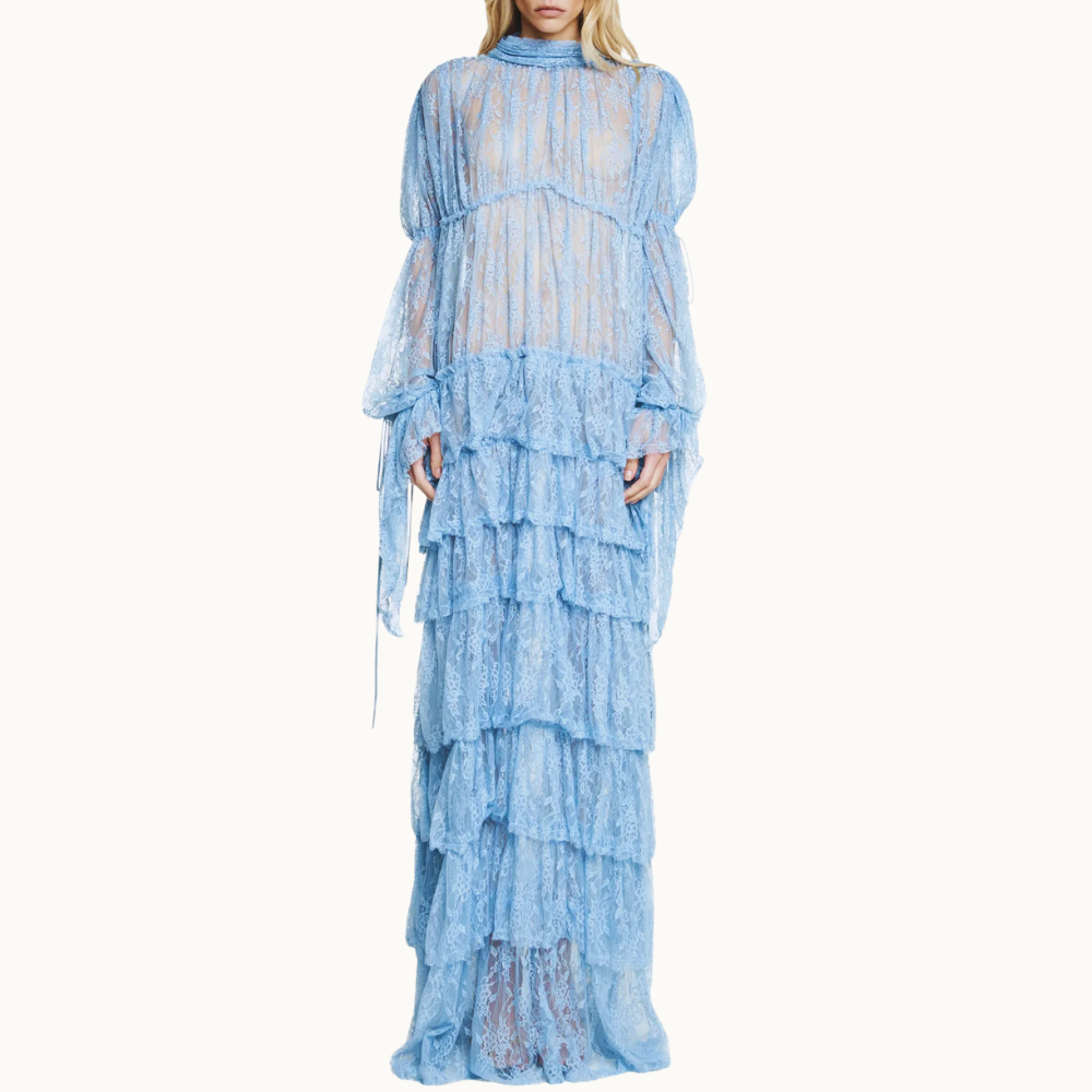 VESTIDO LONGO BABADOS MANGA LONGA GOLA ALTA RENDA AZUL