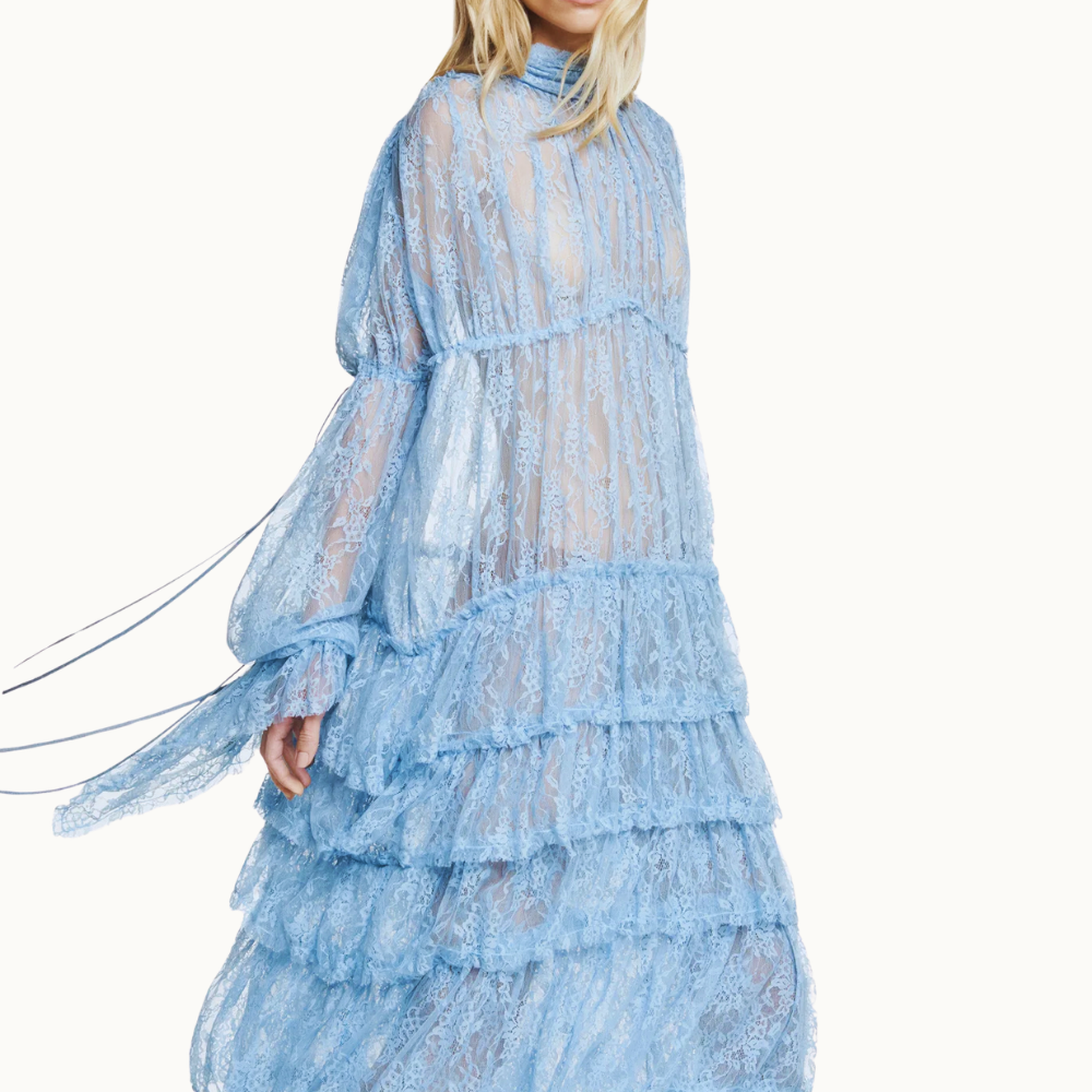 VESTIDO LONGO BABADOS MANGA LONGA GOLA ALTA RENDA AZUL