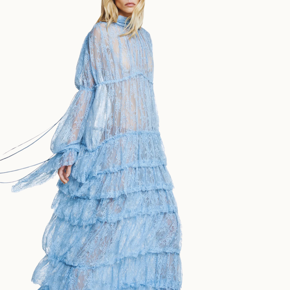 VESTIDO LONGO BABADOS MANGA LONGA GOLA ALTA RENDA AZUL