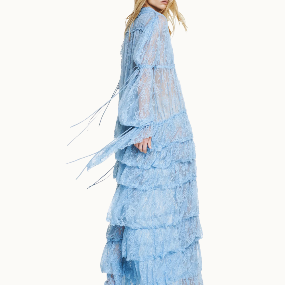 VESTIDO LONGO BABADOS MANGA LONGA GOLA ALTA RENDA AZUL