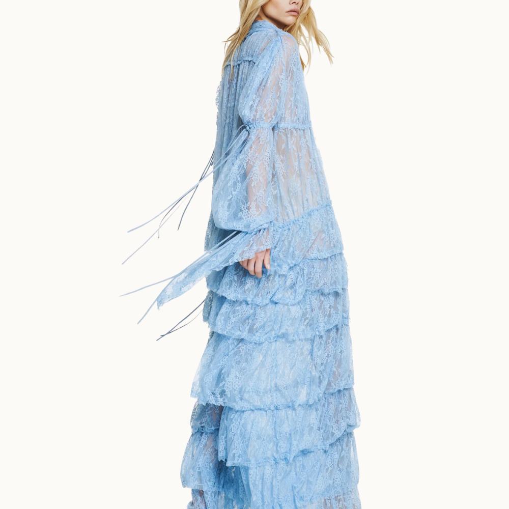 VESTIDO LONGO BABADOS MANGA LONGA GOLA ALTA RENDA AZUL