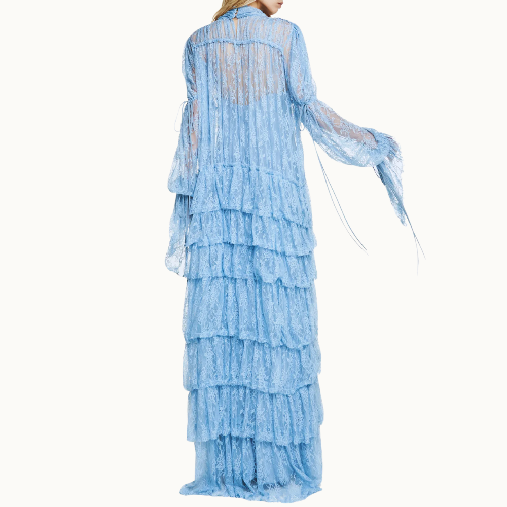 VESTIDO LONGO BABADOS MANGA LONGA GOLA ALTA RENDA AZUL
