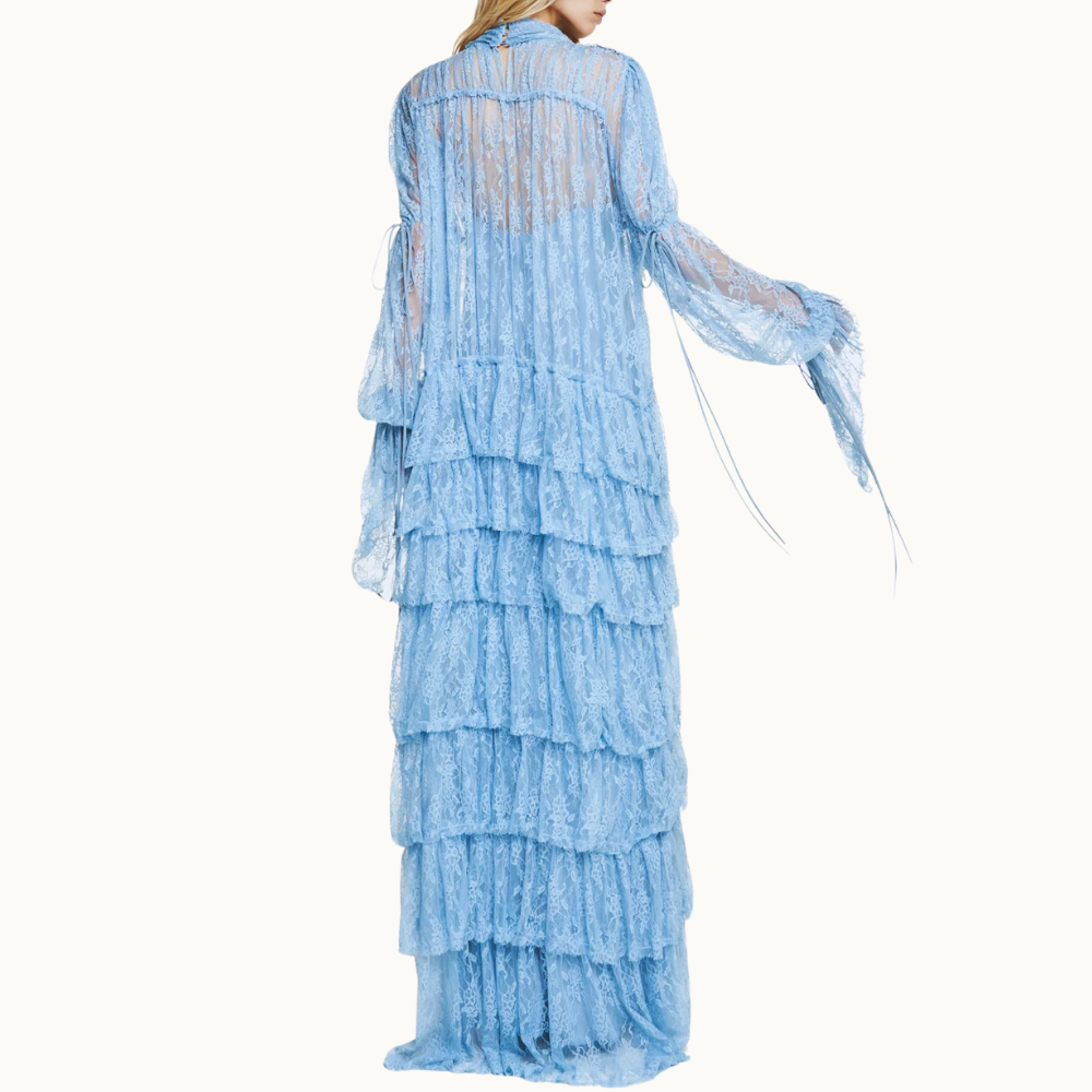 VESTIDO LONGO BABADOS MANGA LONGA GOLA ALTA RENDA AZUL