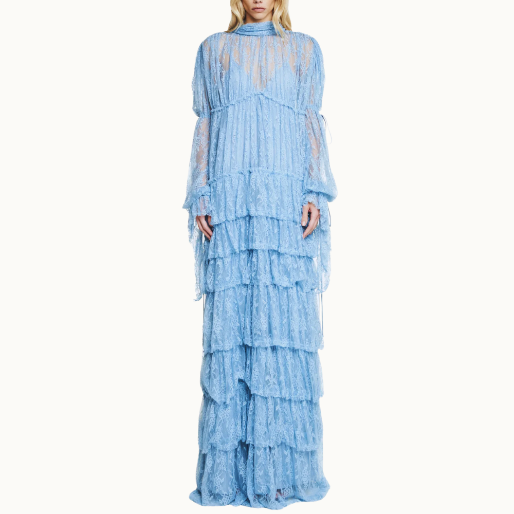 VESTIDO LONGO BABADOS MANGA LONGA GOLA ALTA RENDA AZUL