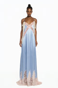 VESTIDO LONGO CETIM AZUL RENDA ROSA