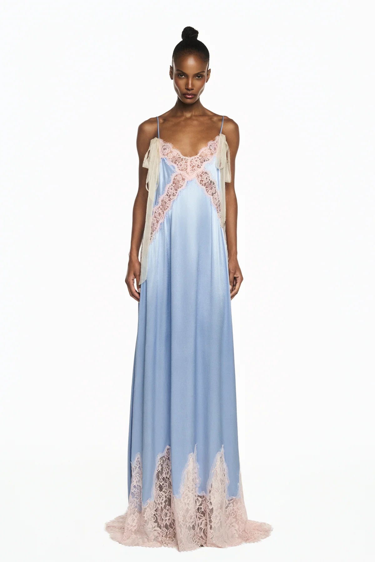 VESTIDO LONGO CETIM AZUL RENDA ROSA