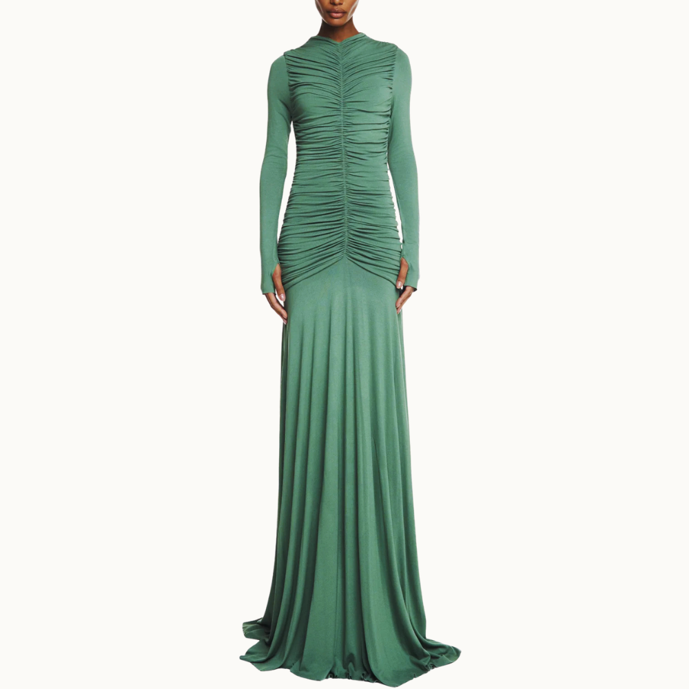 VESTIDO LONGO CORPO DRAPEADO MANGA LONGA MALHA VERDE