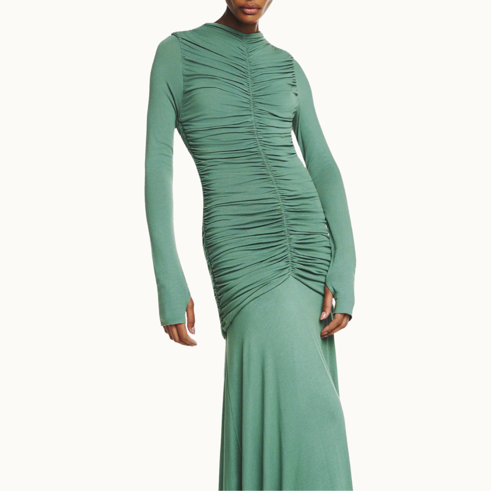 VESTIDO LONGO CORPO DRAPEADO MANGA LONGA MALHA VERDE