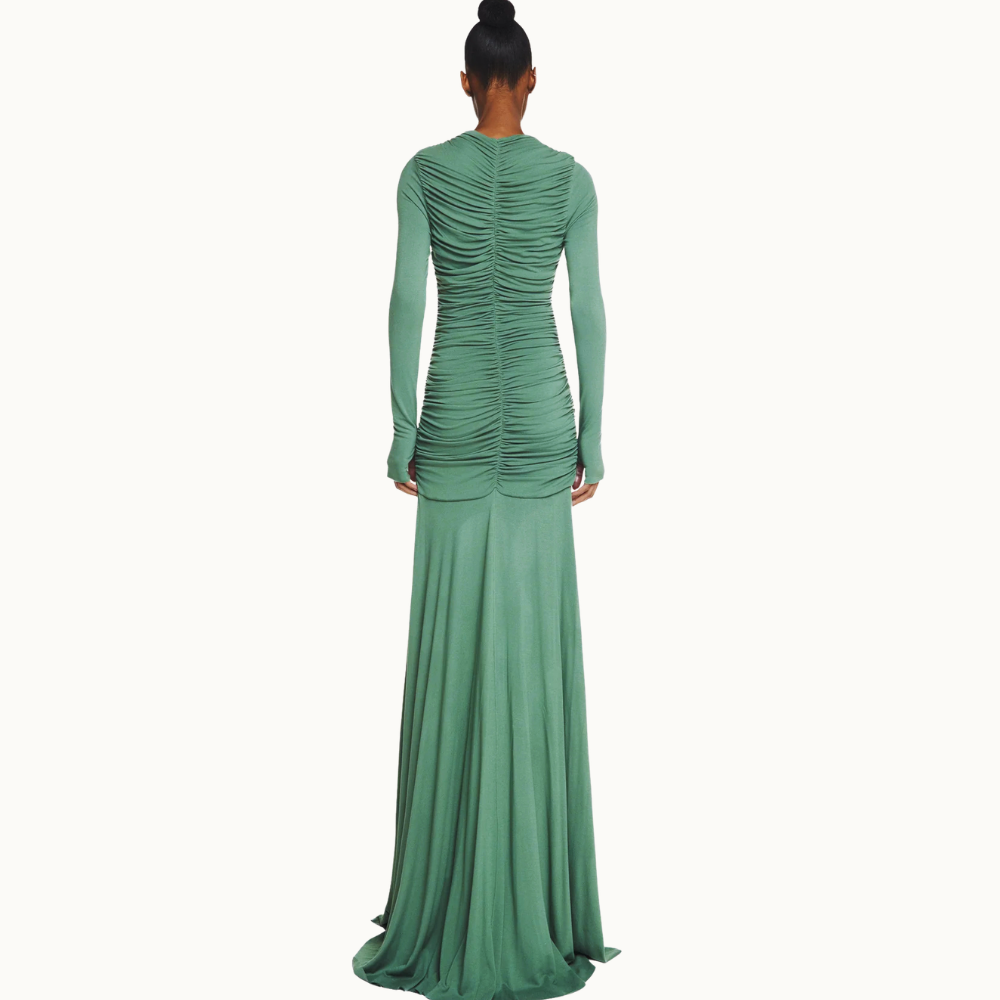 VESTIDO LONGO CORPO DRAPEADO MANGA LONGA MALHA VERDE