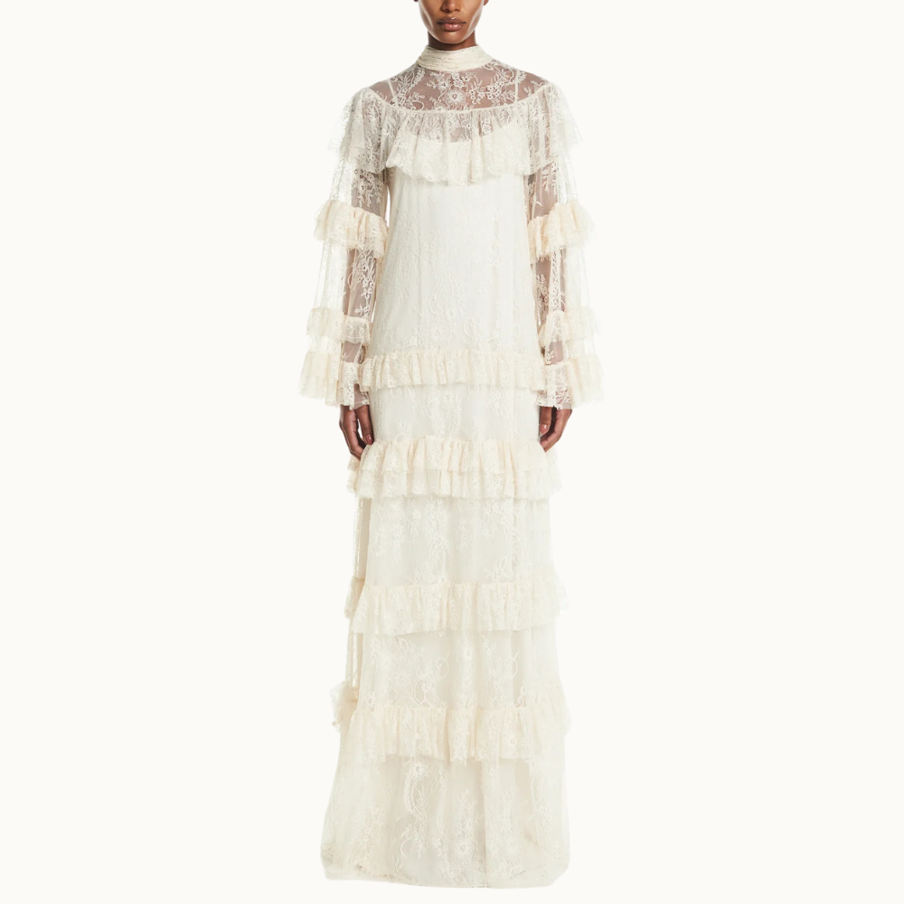 VESTIDO LONGO GOLA ALTA BABADOS RENDA