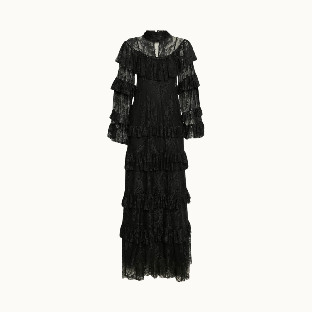 VESTIDO LONGO GOLA ALTA BABADOS RENDA