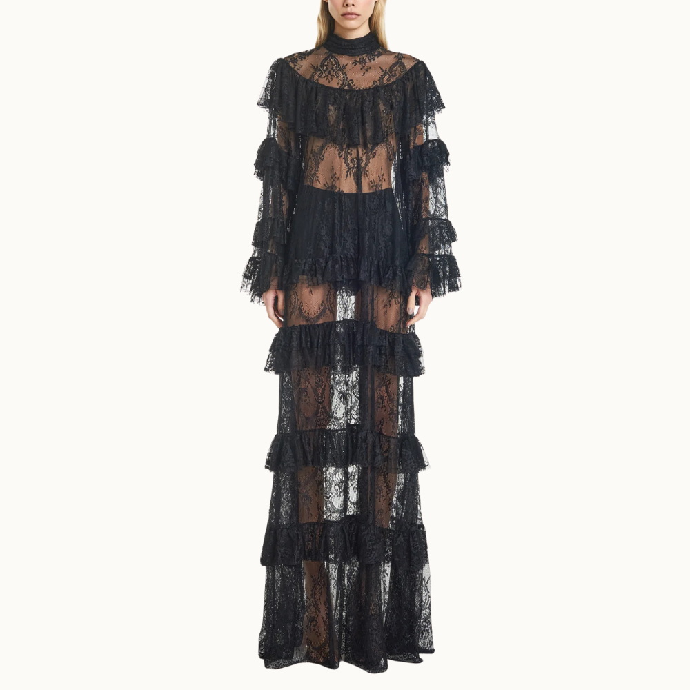 VESTIDO LONGO GOLA ALTA BABADOS RENDA