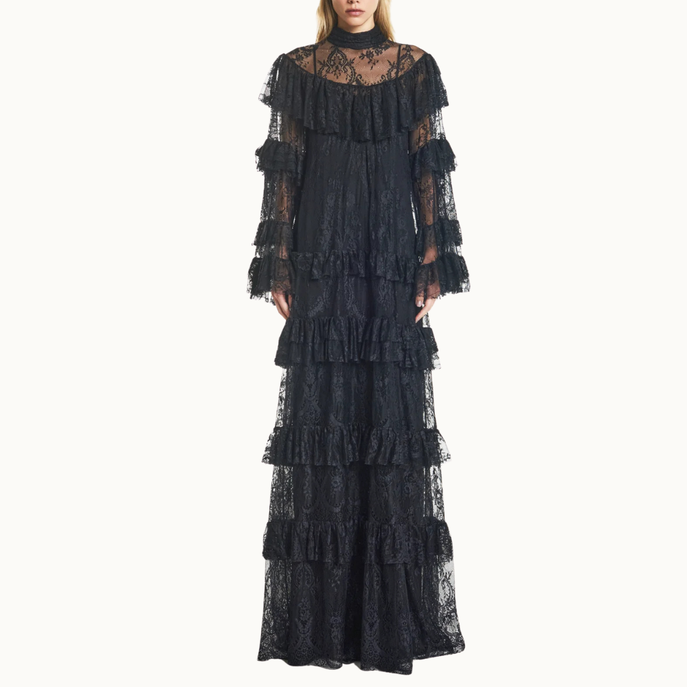 VESTIDO LONGO GOLA ALTA BABADOS RENDA