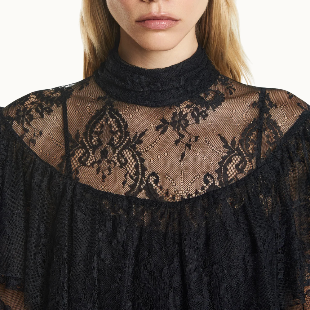 VESTIDO LONGO GOLA ALTA BABADOS RENDA