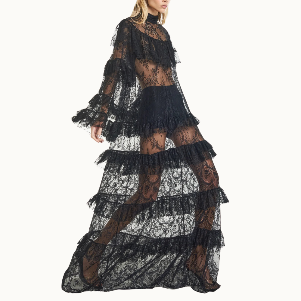 VESTIDO LONGO GOLA ALTA BABADOS RENDA