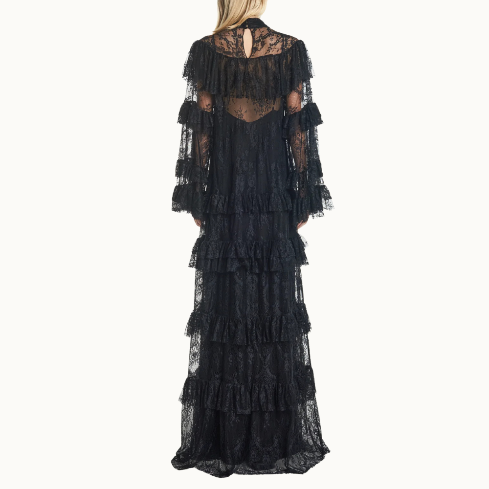 VESTIDO LONGO GOLA ALTA BABADOS RENDA