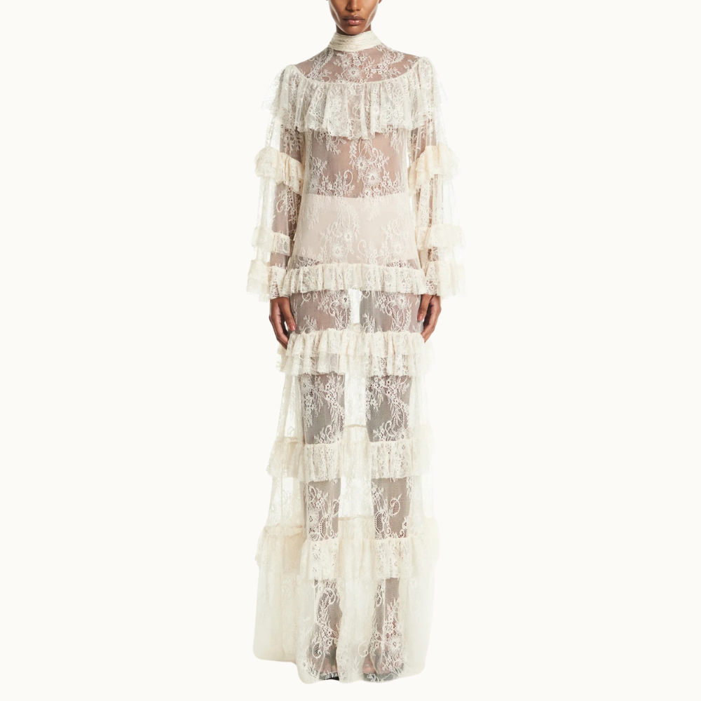 VESTIDO LONGO GOLA ALTA BABADOS RENDA