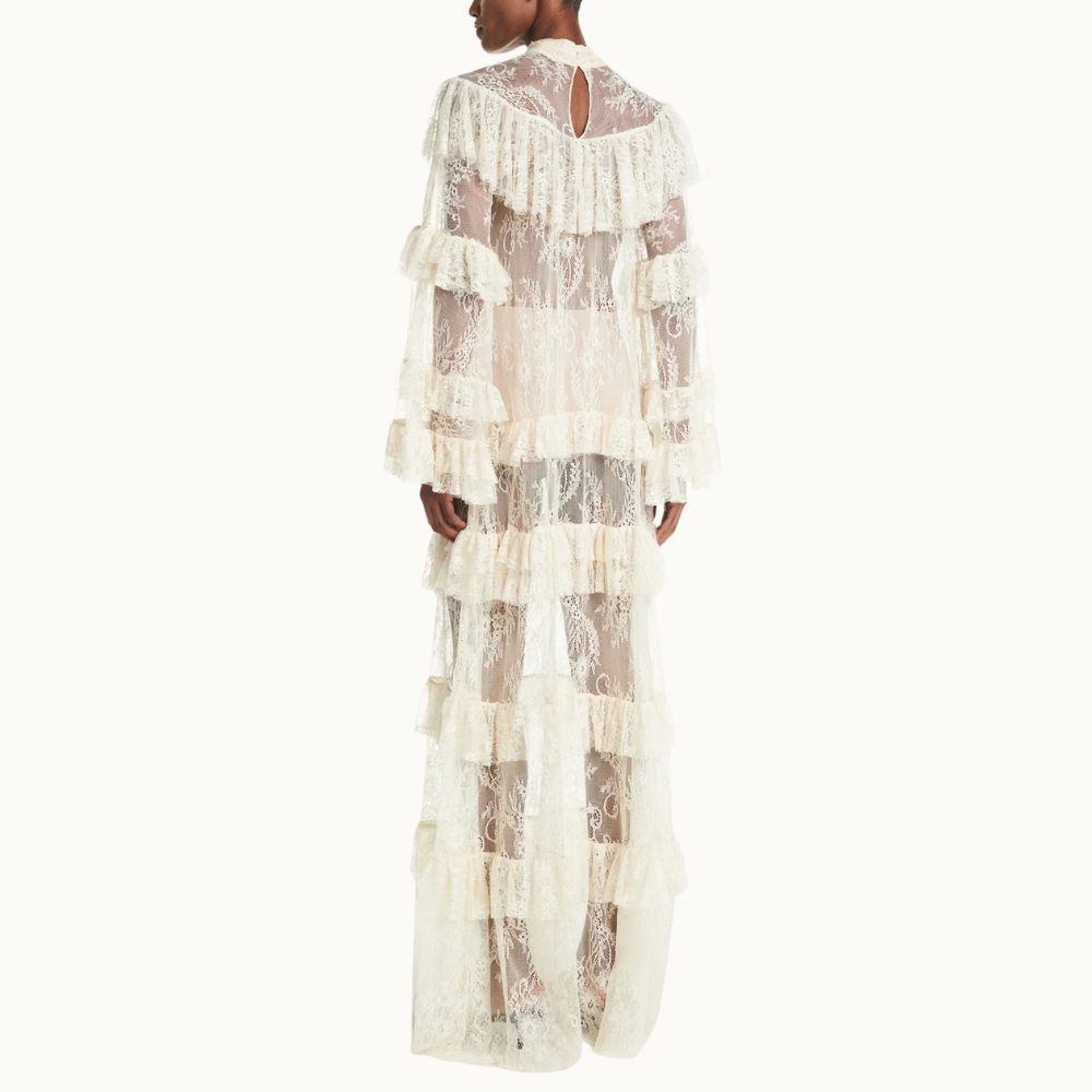 VESTIDO LONGO GOLA ALTA BABADOS RENDA