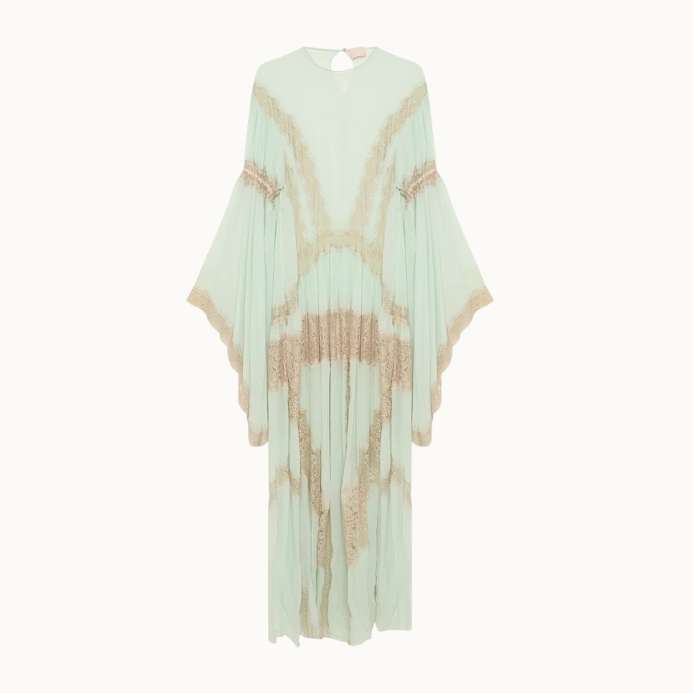 VESTIDO LONGO MANGA LONGA CHIFFON COM RENDA