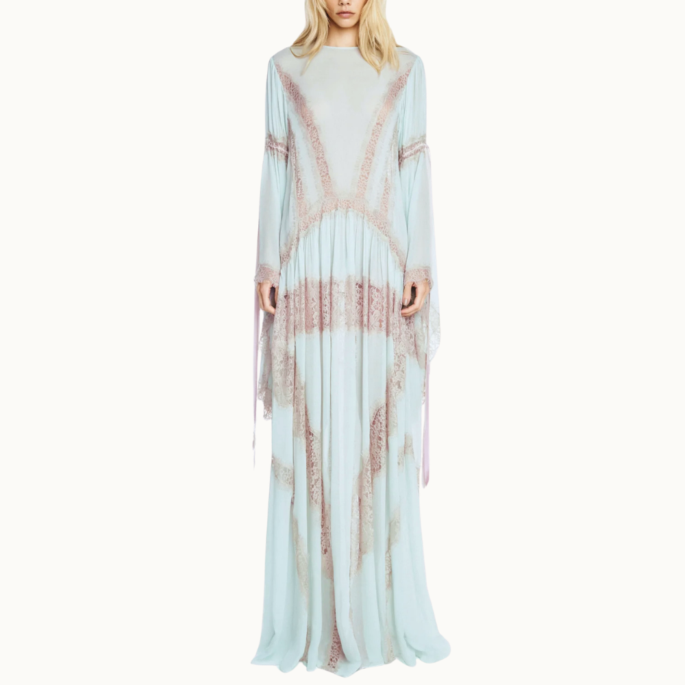 VESTIDO LONGO MANGA LONGA CHIFFON COM RENDA