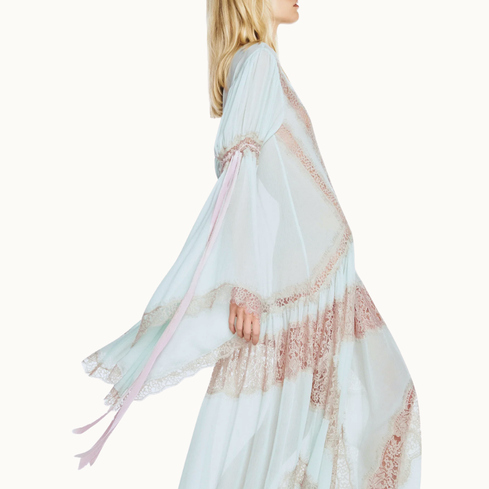 VESTIDO LONGO MANGA LONGA CHIFFON COM RENDA