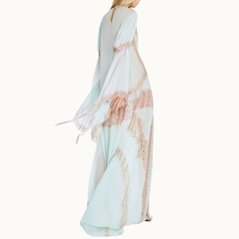 VESTIDO LONGO MANGA LONGA CHIFFON COM RENDA