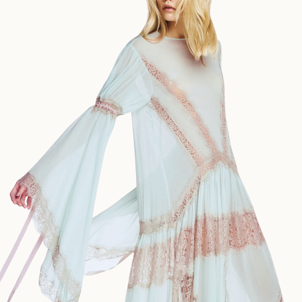 VESTIDO LONGO MANGA LONGA CHIFFON COM RENDA