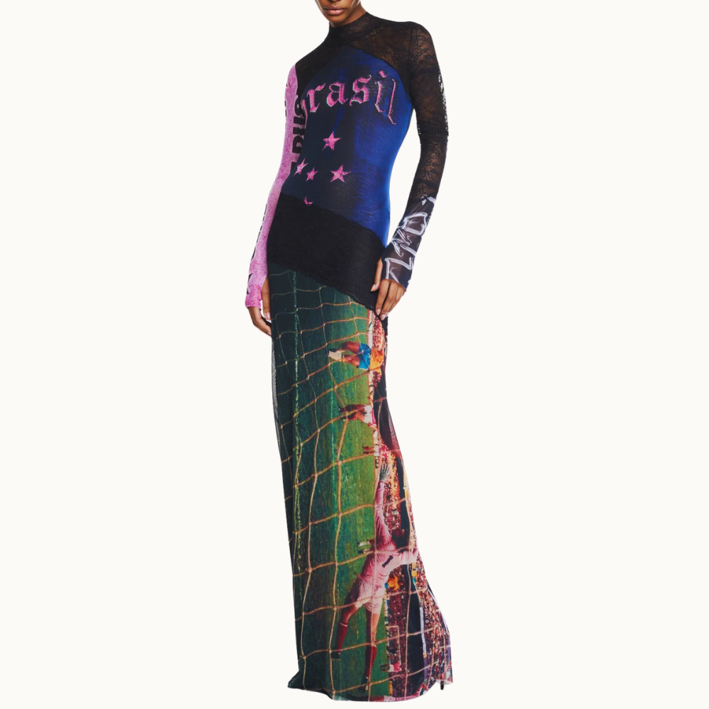 VESTIDO LONGO MANGA LONGA GOLA ALTA TULE E RENDA BRASIL