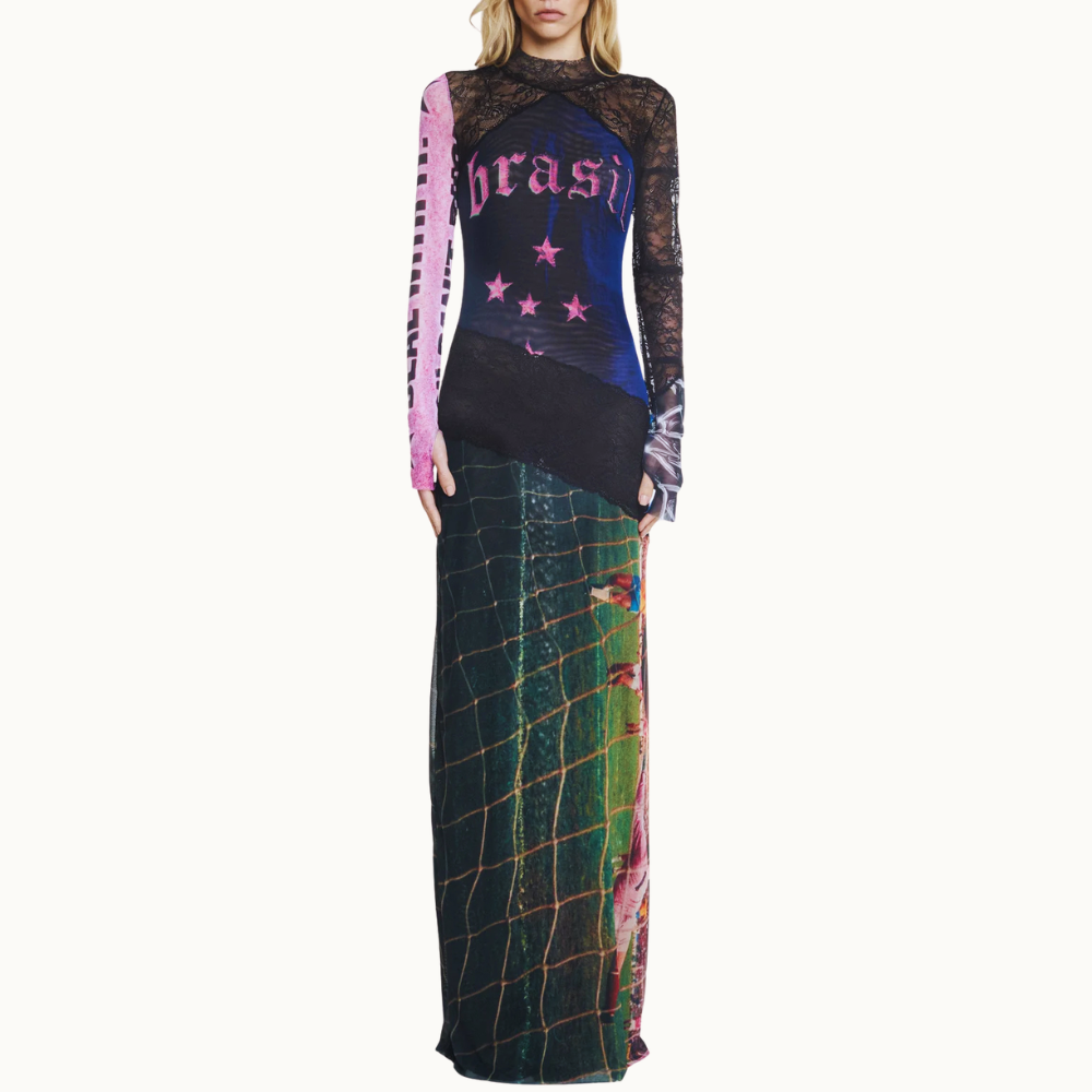VESTIDO LONGO MANGA LONGA GOLA ALTA TULE E RENDA BRASIL